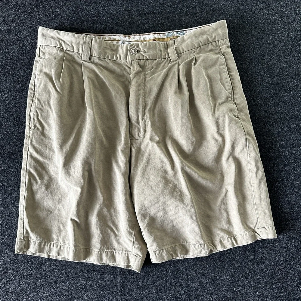 Tommy Bahama Mens 34 Pleated Shorts‎ 100% Silk Khaki Tan Tropical Lining Relaxed